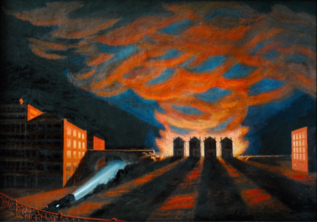 Fire on Baum Boulevard I, 1973/2019, oil on canvas, 23.5 x 33.5