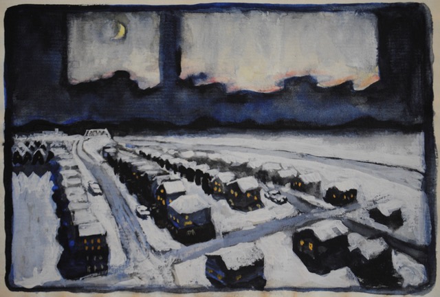 Memory of Fairbanks, Aerial, 1972, watercolor, 3 x 5