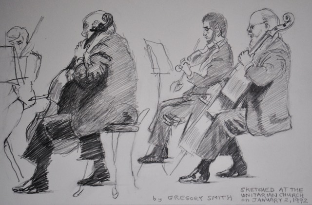 String Quartet at Unitarian Church, January 2, 1992, graphite, 7 x 12