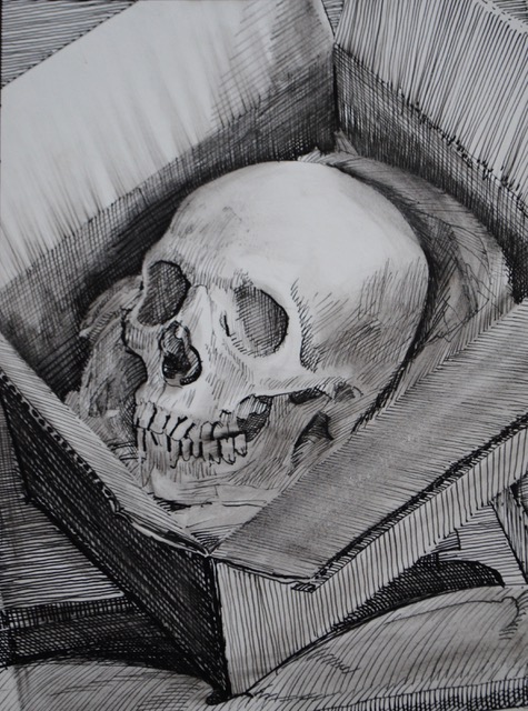 Skull in a Box, aka Death Came C.O.D., April 17 1980, ink  9 x 6.75