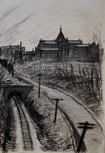 Central Catholic and Railroad Tunnel, 1986, pastel, 14 x 11