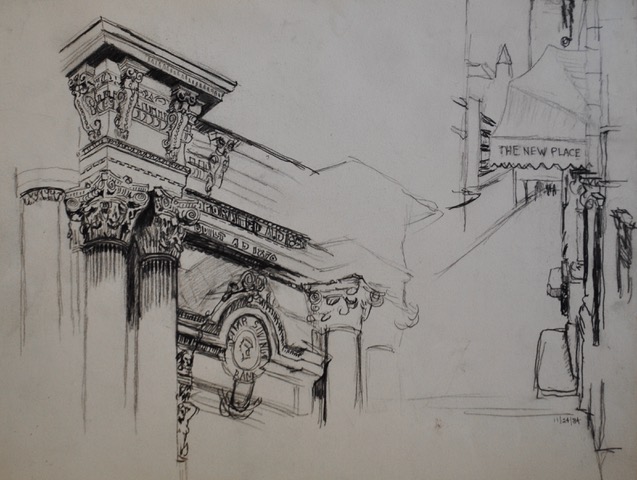 Dollar Bank Studies with The New Place, 11/24/84, graphite, 11 x 14