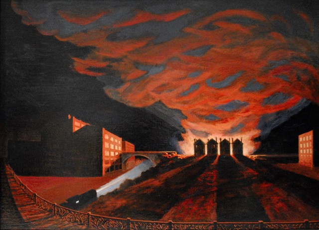 Fire On Baum Boulevard, 1974/2019, oil on canvas, 36 x 50