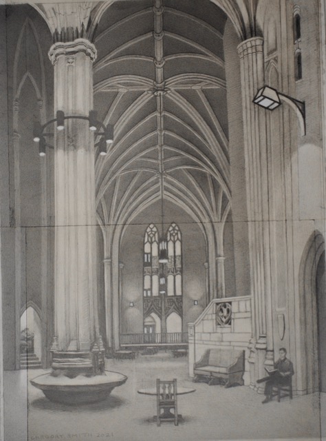 Commons Room Facing West, 2023, graphite, 20.75 x 15.5