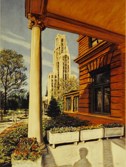 Cathedral of Learning from William Pitt Union, Fifth Avenue Side, 1986, pastel, 17 x 14