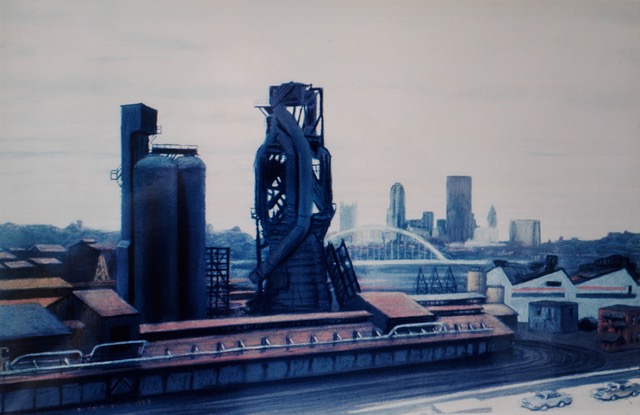 J&L Furnace, Distant View of Pittsburgh, 1983, pastel, 19 x 29