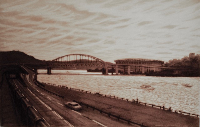 Riverview With Stadium, 1981, pastel, 12 x 23