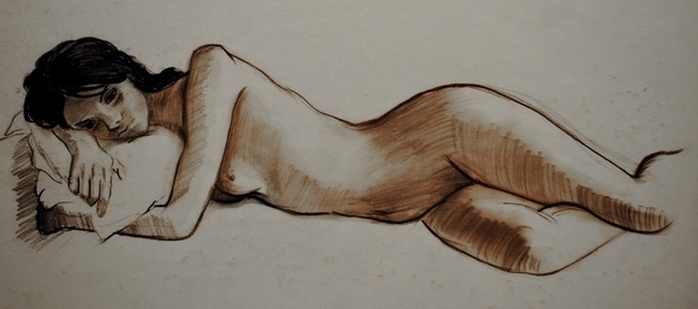 Carole Reclining, 1978, brown and black chalk,  11 x 24
