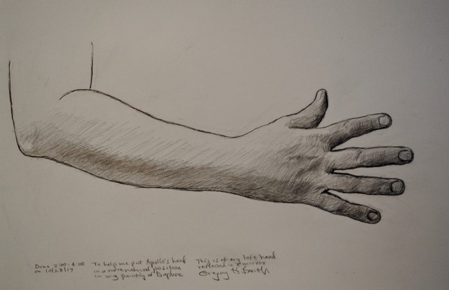 Smith’s Mirror-Reflected Left Hand, for Apollo’s Right Hand, 10/28/2017, graphite, 11 x 14