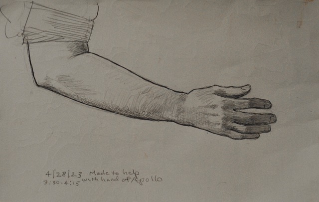 Smith’s Mirror-Reflected Left Hand, for Apollo’s Right Hand, 4/28/2023, graphite, 8.25 x 9.25