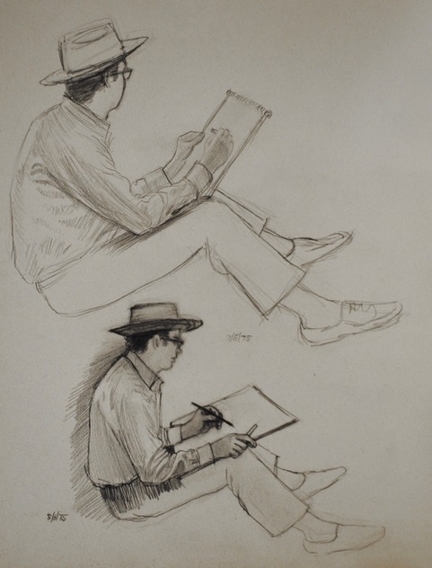 Self-Portrait, two seated sketches, looking away, looking down, August 6, 1975, graphite, 12 x 10