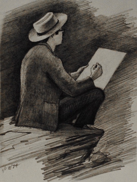 Self-Portrait, Seated on Ledge, Looking Up, January 18, 1974, graphite, 7.75 x 6.5