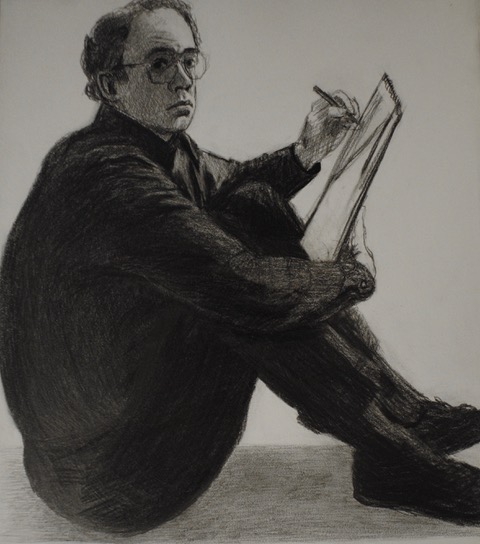Self-Portrait, Seated on Floor, Sketching, 1991, black chalk, 12.5 x 11