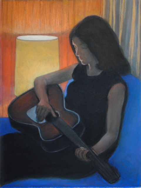 Carole With Guitar, 1971/2024, pastel, 14.5 x 11.25