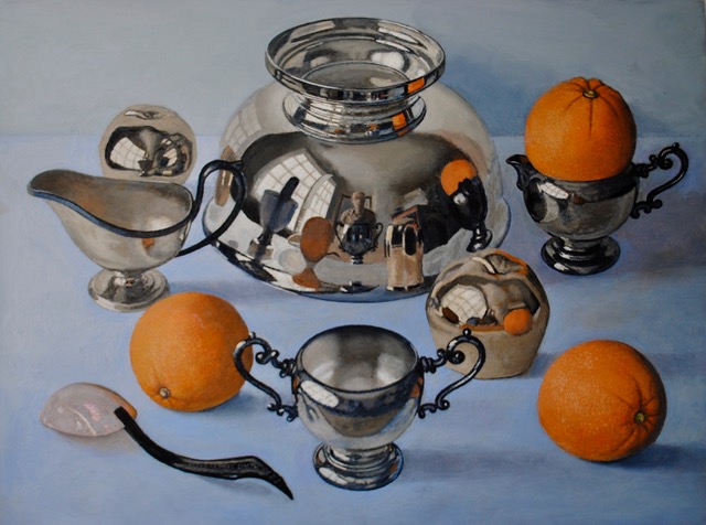 Silver With Oranges, 1019, oil on panel, 16x20
