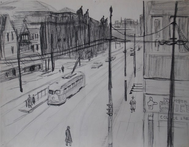 Forbes from above Seemiller’s Luncheonette, 1960, charcoal, 10.5 x 13.5