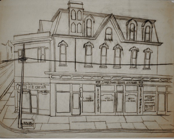 Outline of Craig Street Shops, 1960, charcoal, 19 x 24