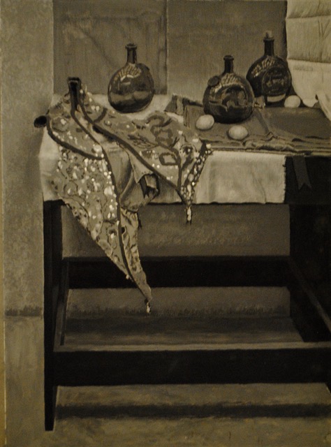 Value Study, Vest Still Life, September 1961, tempera on mat board, 16 x 12.5