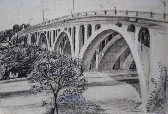 Key Bridge, 1959, charcoal and white chalk, 11.75 x 17.5