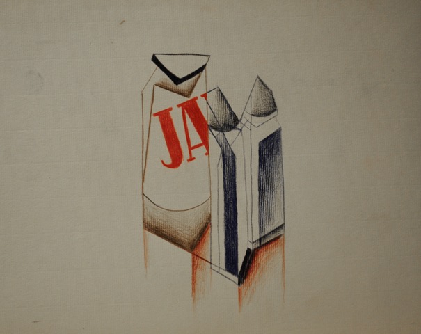 Shakers With JA, (Imitation Juan Gris Cubism), December 1958, colored pencil, 10 x 12.5
